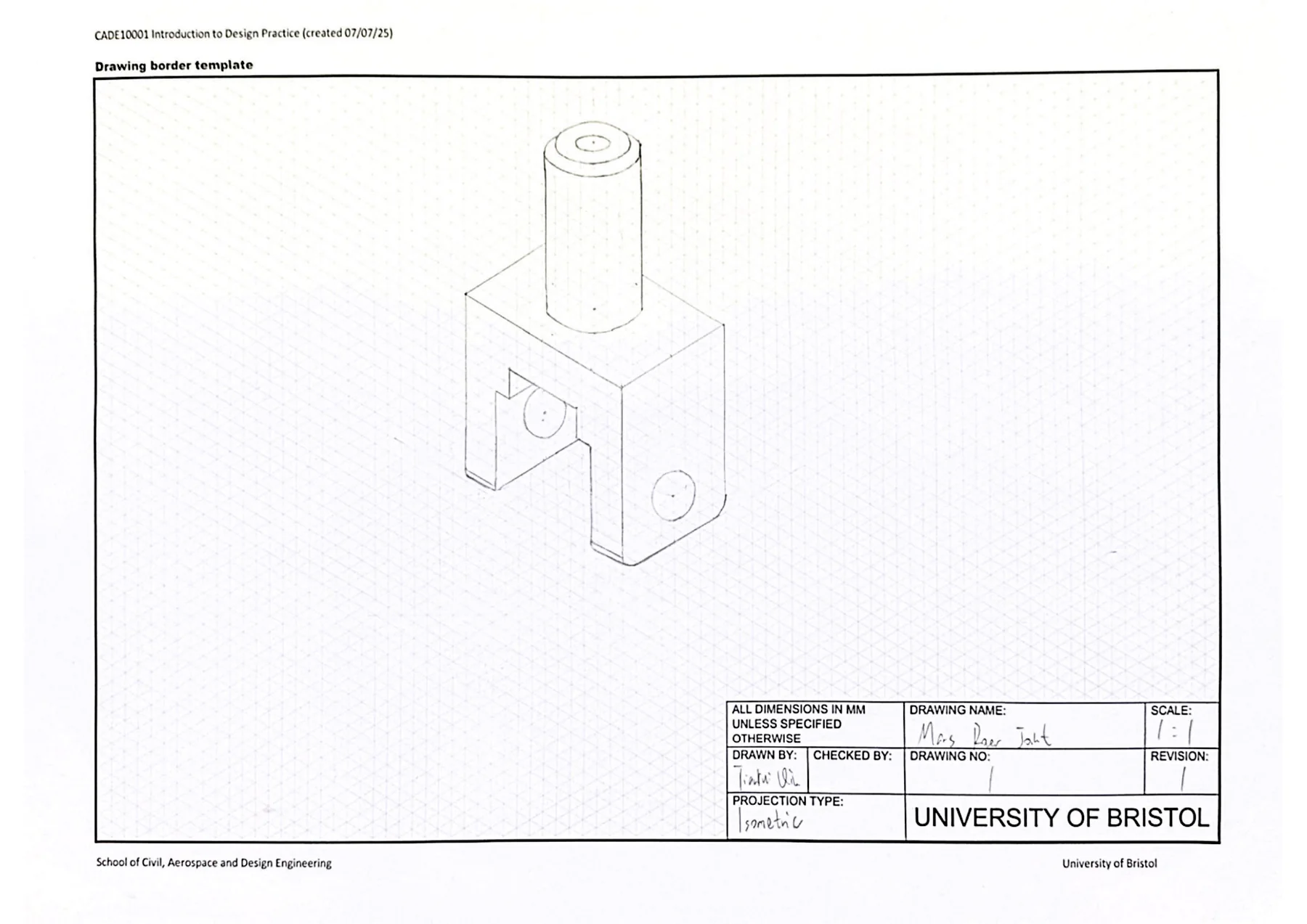 Hand-drawn isometric engineering drawing sheet