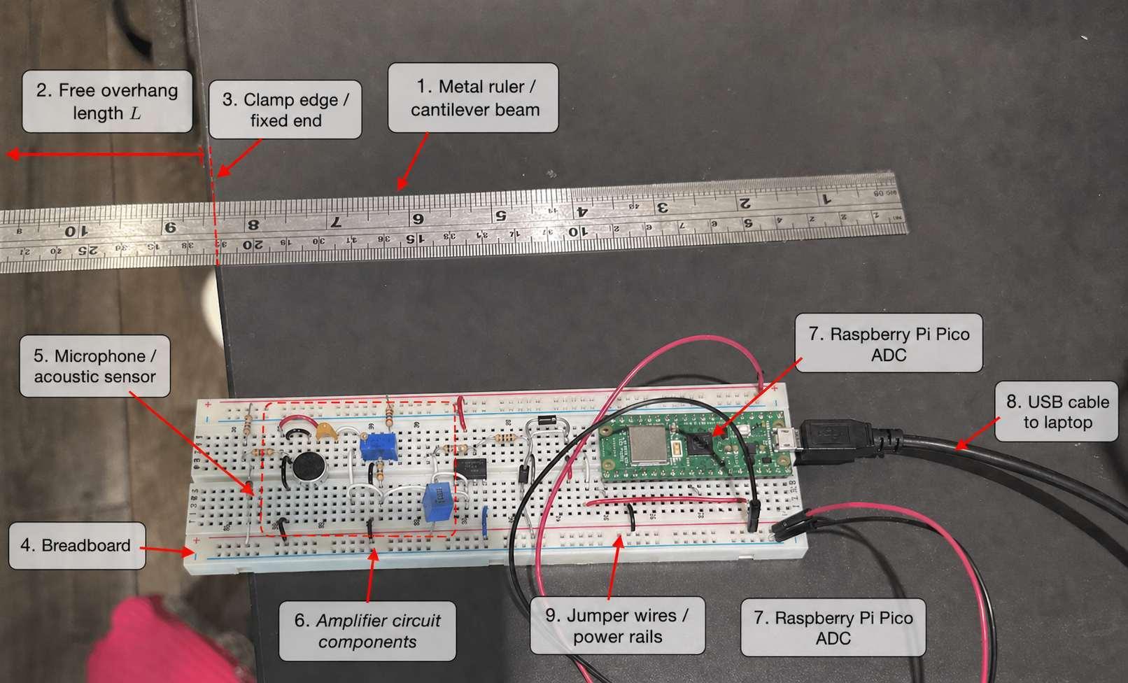 Annotated physical experiment setup showing the ruler, microphone amplifier circuit and Raspberry Pi Pico