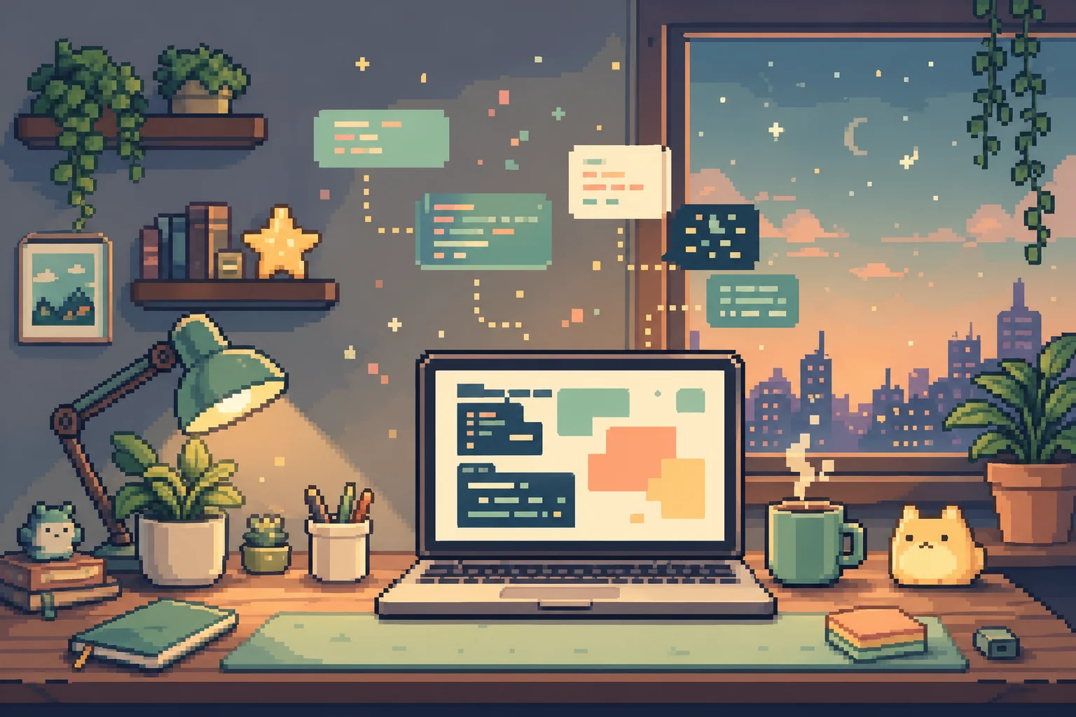Pixel art developer workspace with a laptop and warm window light