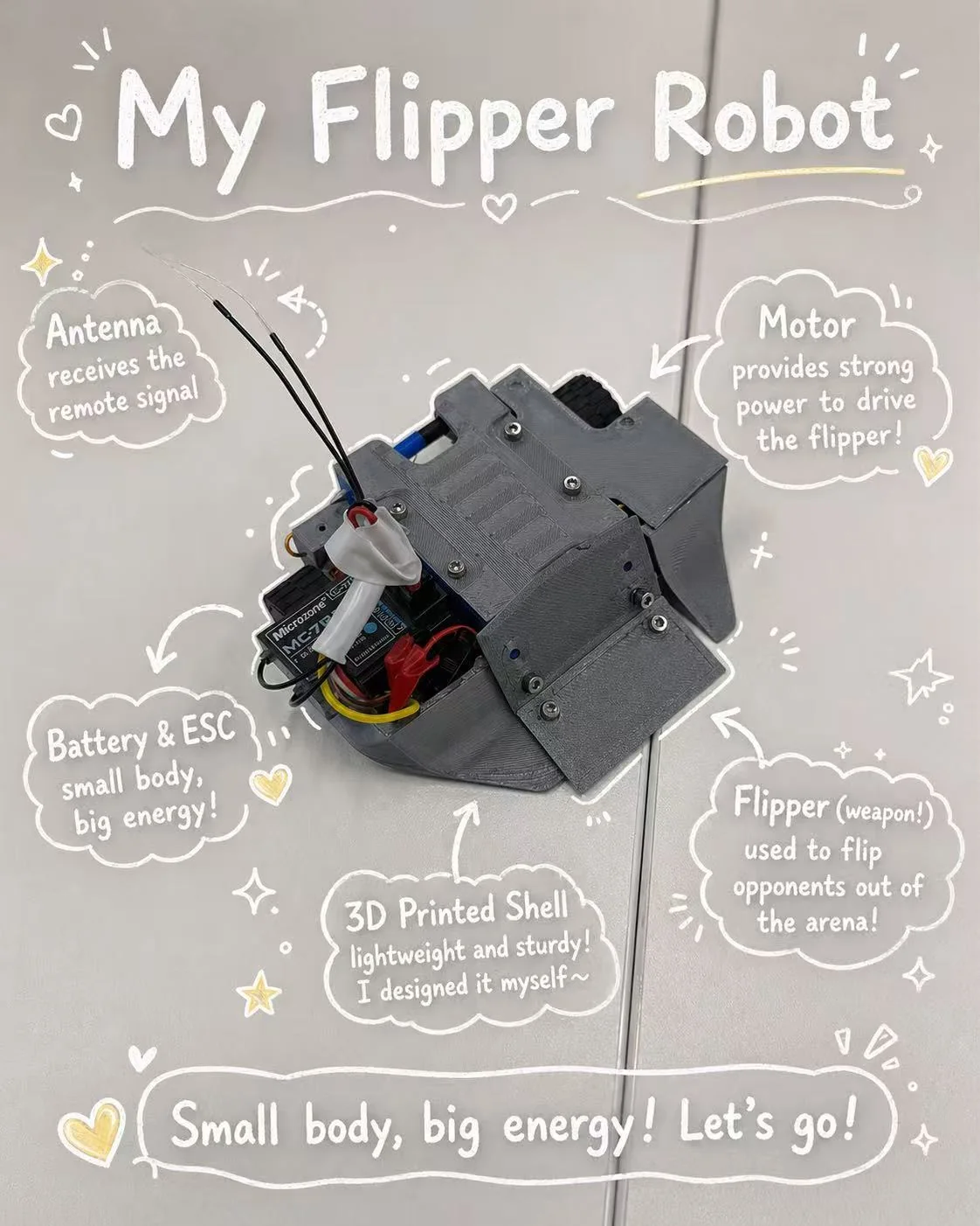 Annotated photo of the flipper robot
